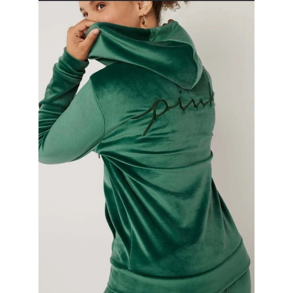 Victoria's Secret PINK Velour Full-Zip‎ Hoodie Green Embroidered Logo Small